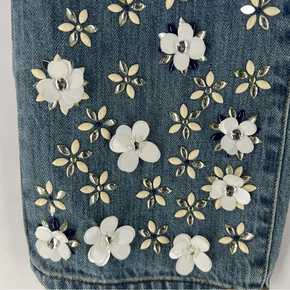Michael Kors Light Wash Denim Embellished Floral Sequined Jeans Cropped Cotton