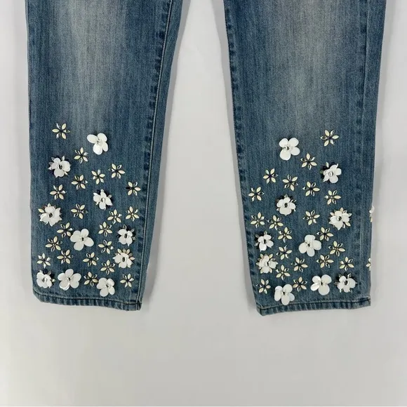 Michael Kors Light Wash Denim Embellished Floral Sequined Jeans Cropped Cotton