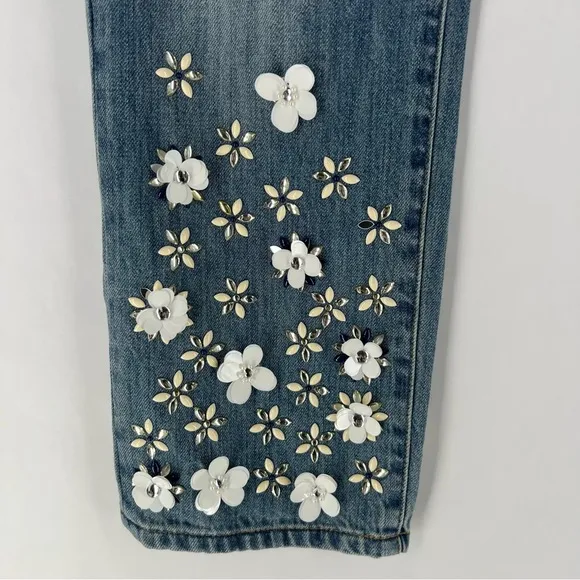 Michael Kors Light Wash Denim Embellished Floral Sequined Jeans Cropped Cotton