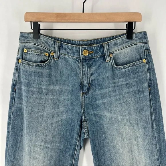 Michael Kors Light Wash Denim Embellished Floral Sequined Jeans Cropped Cotton