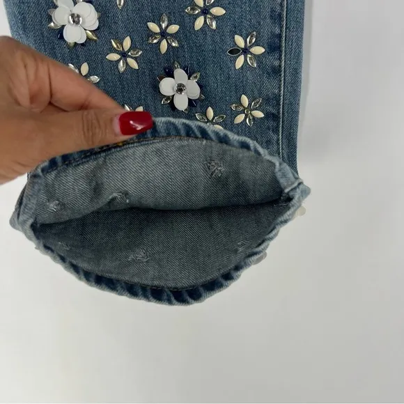 Michael Kors Light Wash Denim Embellished Floral Sequined Jeans Cropped Cotton