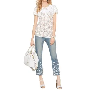 Michael Kors Light Wash Denim Embellished Floral Sequined Jeans Cropped Cotton