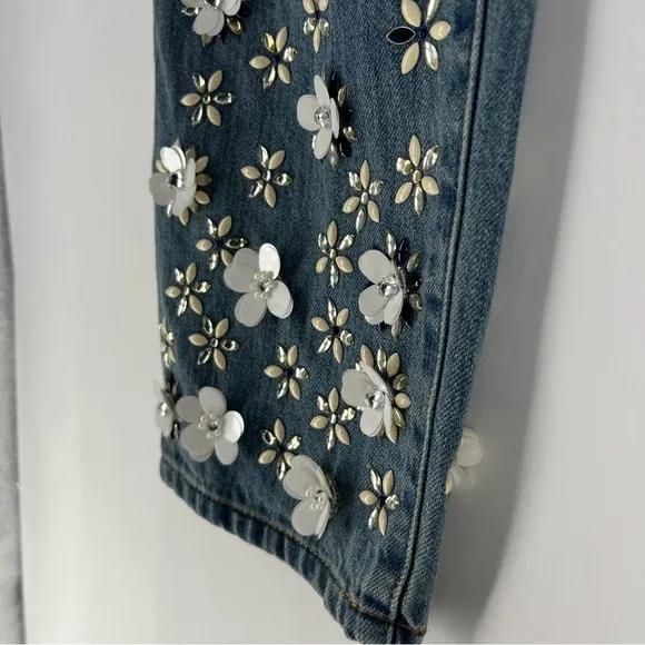 Michael Kors Light Wash Denim Embellished Floral Sequined Jeans Cropped Cotton