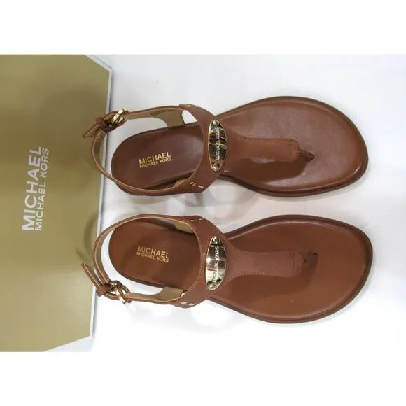Michael Kors MK Plate Thong Flat T-Strap Sandals Luggage Brown Size 7