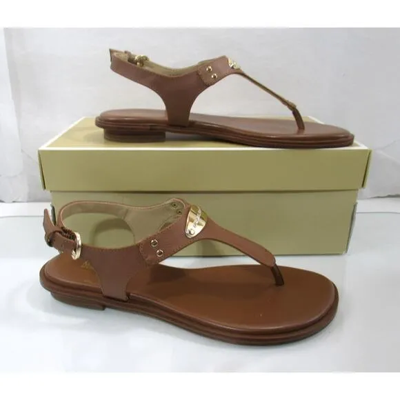 Michael Kors MK Plate Thong Flat T-Strap Sandals Luggage Brown Size 7
