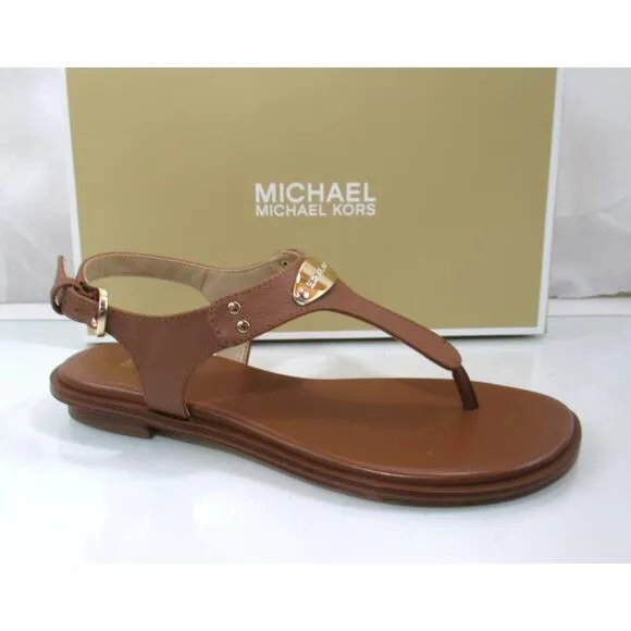 Michael Kors MK Plate Thong Flat T-Strap Sandals Luggage Brown Size 7