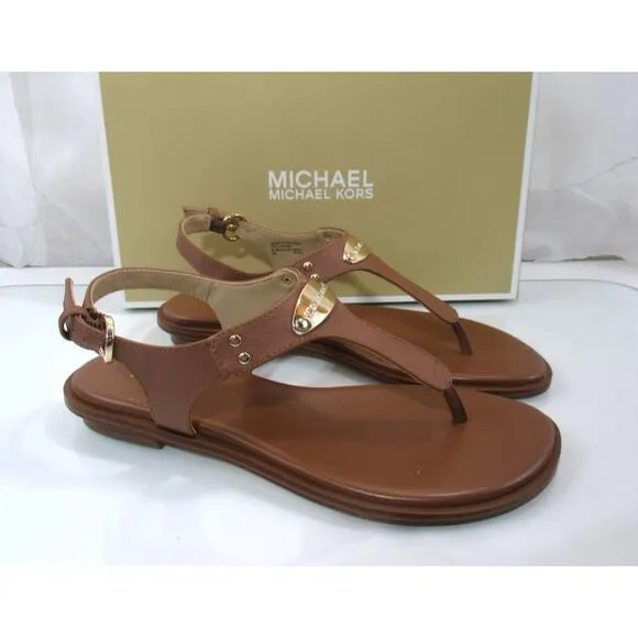 Michael Kors MK Plate Thong Flat T-Strap Sandals Luggage Brown Size 7