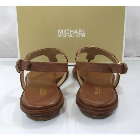 Michael Kors MK Plate Thong Flat T-Strap Sandals Luggage Brown Size 7