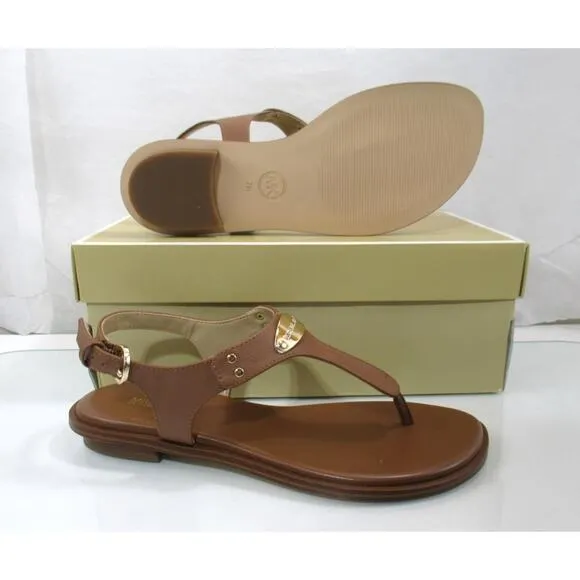 Michael Kors MK Plate Thong Flat T-Strap Sandals Luggage Brown Size 7