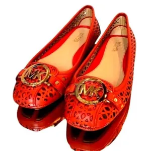 Michael Kors Orange Laser Cut Leather Ballet Flats With Gold MK Logo Womens Size