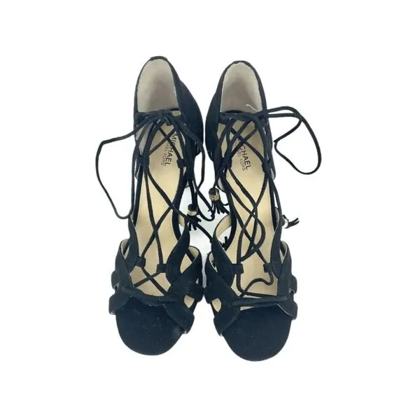 Michael Kors Sandals Mirabel Black Suede Leather Wrap Tassels SZ 7.5 New