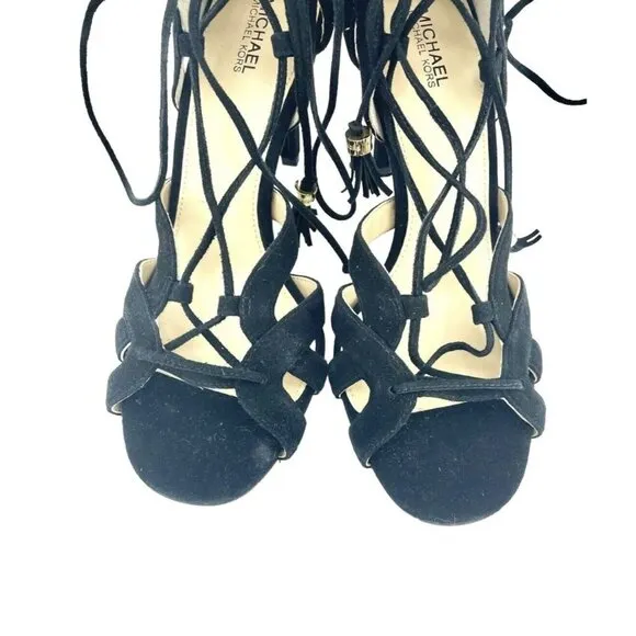 Michael Kors Sandals Mirabel Black Suede Leather Wrap Tassels SZ 7.5 New
