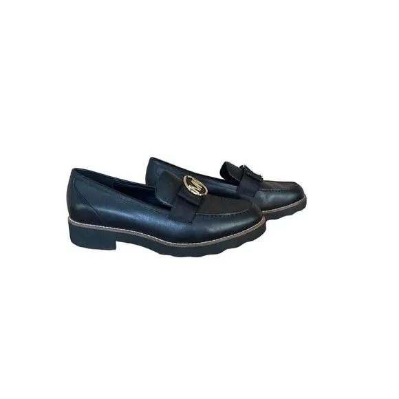 Michael Kors Womens Black Aden Leather Gold Tone Logo Slip On Loafers Size 9.5