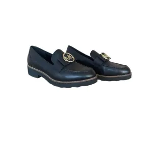 Michael Kors Womens Black Aden Leather Gold Tone Logo Slip On Loafers Size 9.5