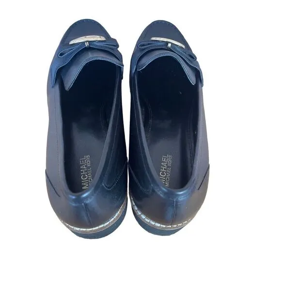 Michael Kors Womens Black Aden Leather Gold Tone Logo Slip On Loafers Size 9.5