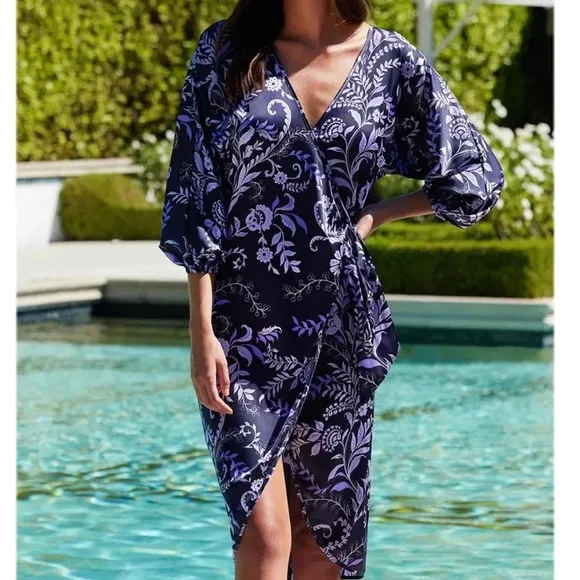 MISA Los Angeles Sylvia Floral Indigo Vines Wrap Midi Dress Size XS NWT