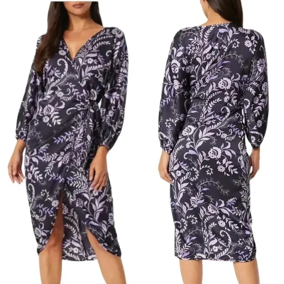 MISA Los Angeles Sylvia Floral Indigo Vines Wrap Midi Dress Size XS NWT