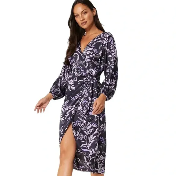 MISA Los Angeles Sylvia Floral Indigo Vines Wrap Midi Dress Size XS NWT