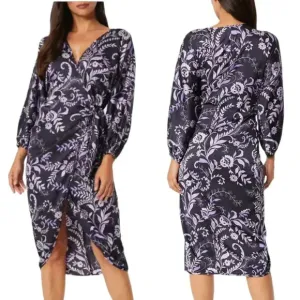 MISA Los Angeles Sylvia Floral Indigo Vines Wrap Midi Dress Size XS NWT