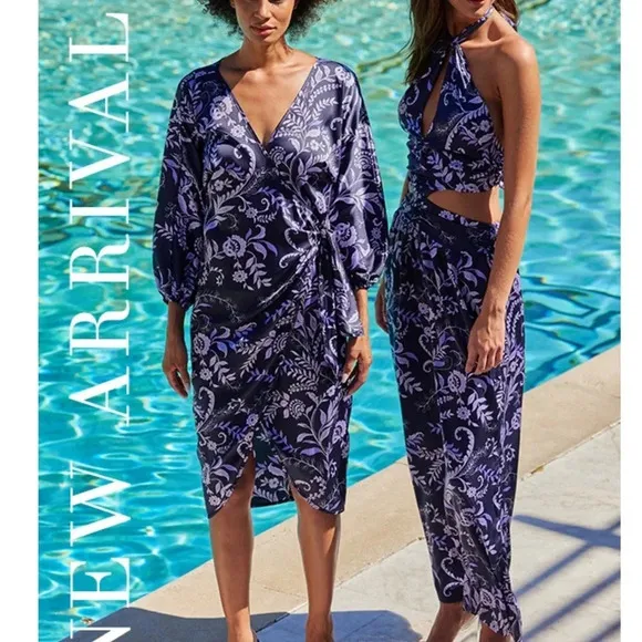 MISA Los Angeles Sylvia Floral Indigo Vines Wrap Midi Dress Size XS NWT
