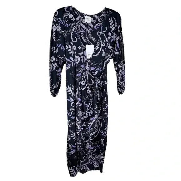 MISA Los Angeles Sylvia Floral Indigo Vines Wrap Midi Dress Size XS NWT