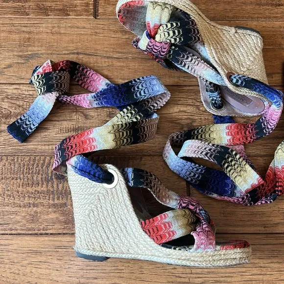Missoni Psychedelic Espadrille Wedge Heel Sandals Multicolor Wrap Ankle Size 37