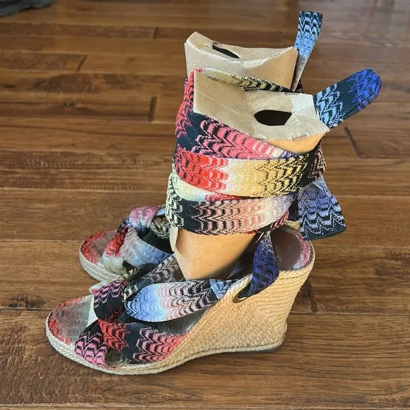 Missoni Psychedelic Espadrille Wedge Heel Sandals Multicolor Wrap Ankle Size 37