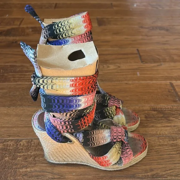 Missoni Psychedelic Espadrille Wedge Heel Sandals Multicolor Wrap Ankle Size 37