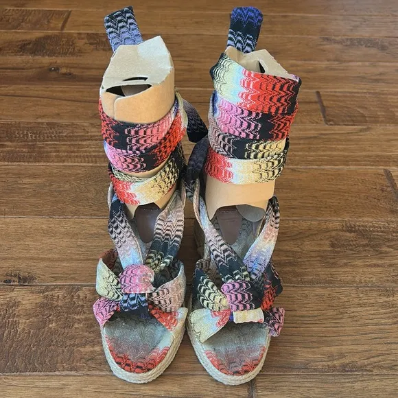 Missoni Psychedelic Espadrille Wedge Heel Sandals Multicolor Wrap Ankle Size 37