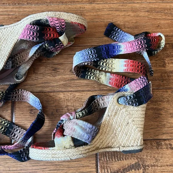 Missoni Psychedelic Espadrille Wedge Heel Sandals Multicolor Wrap Ankle Size 37
