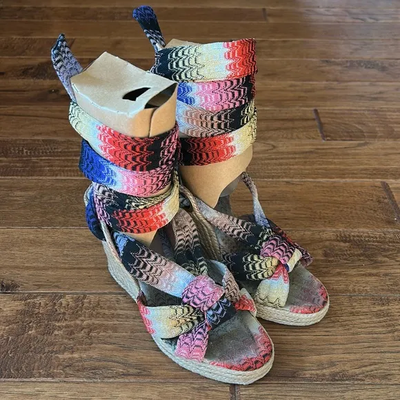 Missoni Psychedelic Espadrille Wedge Heel Sandals Multicolor Wrap Ankle Size 37