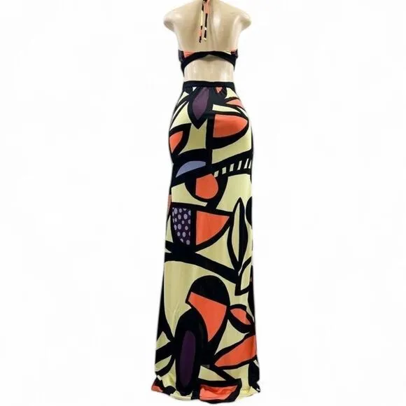 MISSONI Multicolor Abstract Printed Jersey Halter Neck Tie Maxi Dress S