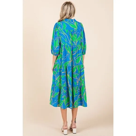 ❤️Mittoshop Tiered Detail Printed Collared Neck Half Sleeves Midi Dress | Blue