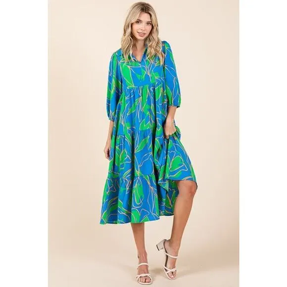 ❤️Mittoshop Tiered Detail Printed Collared Neck Half Sleeves Midi Dress | Blue