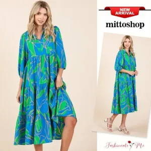 ❤️Mittoshop Tiered Detail Printed Collared Neck Half Sleeves Midi Dress | Blue