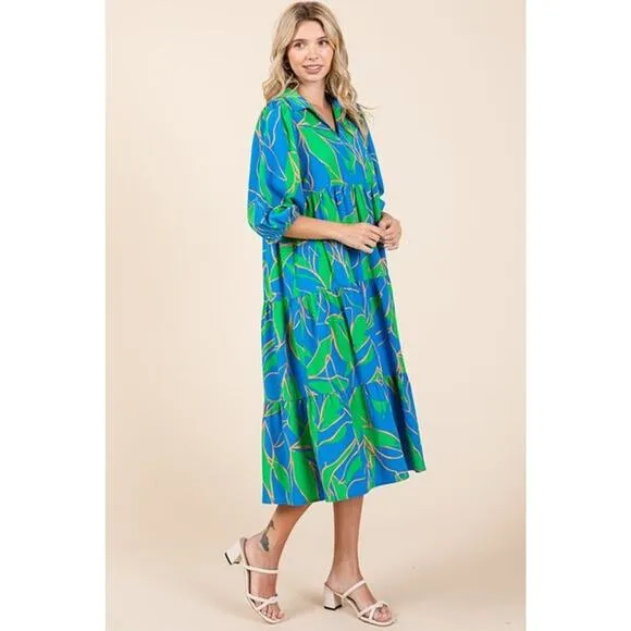 ❤️Mittoshop Tiered Detail Printed Collared Neck Half Sleeves Midi Dress | Blue