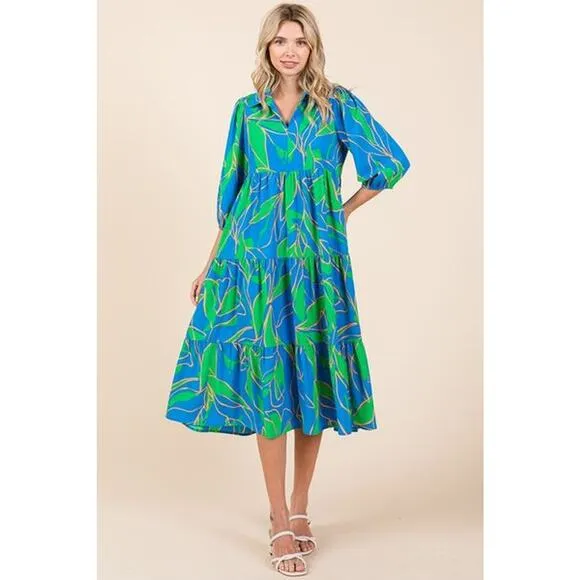 ❤️Mittoshop Tiered Detail Printed Collared Neck Half Sleeves Midi Dress | Blue