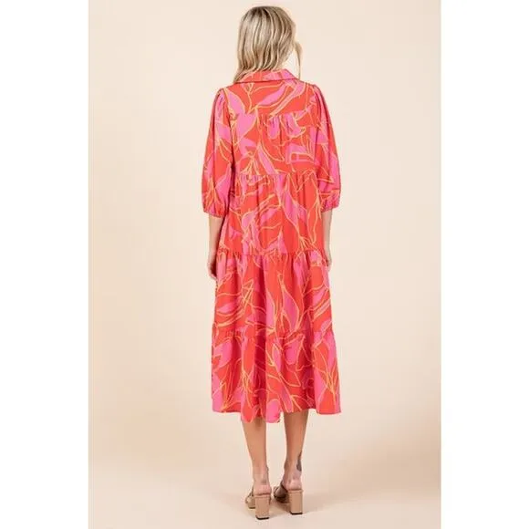 ❤️Mittoshop Tiered Detail Printed Collared Neck Half Sleeves Midi Dress | Coral