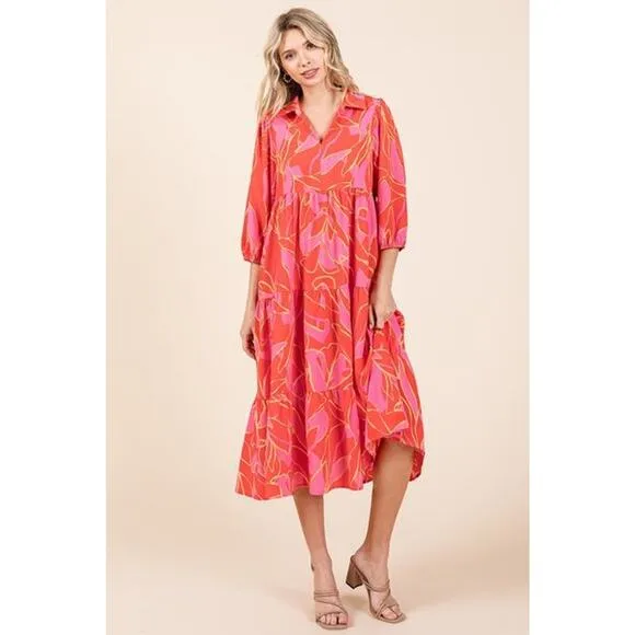 ❤️Mittoshop Tiered Detail Printed Collared Neck Half Sleeves Midi Dress | Coral