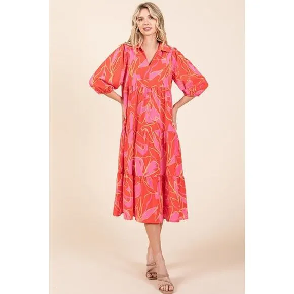 ❤️Mittoshop Tiered Detail Printed Collared Neck Half Sleeves Midi Dress | Coral