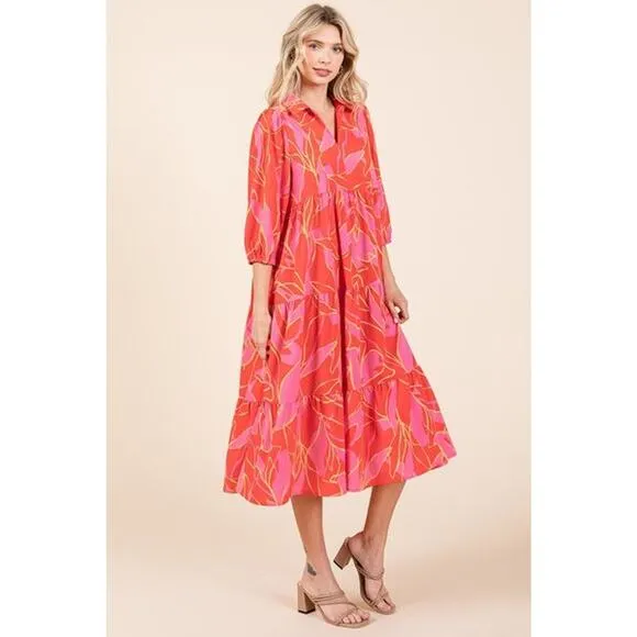 ❤️Mittoshop Tiered Detail Printed Collared Neck Half Sleeves Midi Dress | Coral