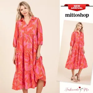 ❤️Mittoshop Tiered Detail Printed Collared Neck Half Sleeves Midi Dress | Coral