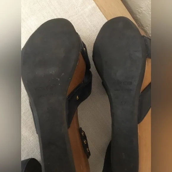 Miu Miu Leather Wood Platform Ankle Strap Navy blue Sandals Sz.37