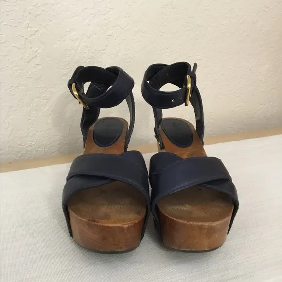 Miu Miu Leather Wood Platform Ankle Strap Navy blue Sandals Sz.37