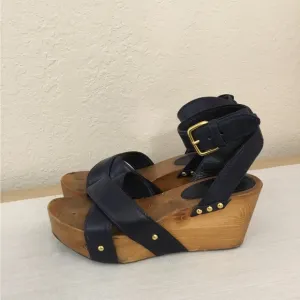 Miu Miu Leather Wood Platform Ankle Strap Navy blue Sandals Sz.37