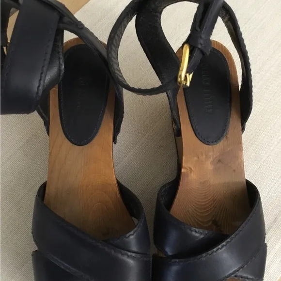 Miu Miu Leather Wood Platform Ankle Strap Navy blue Sandals Sz.37