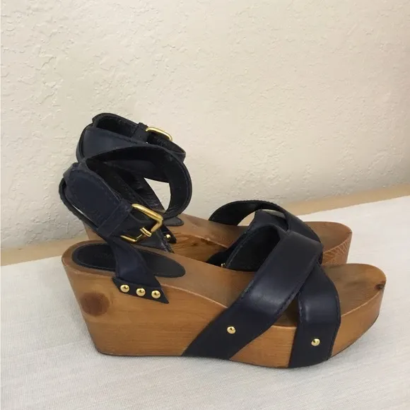 Miu Miu Leather Wood Platform Ankle Strap Navy blue Sandals Sz.37