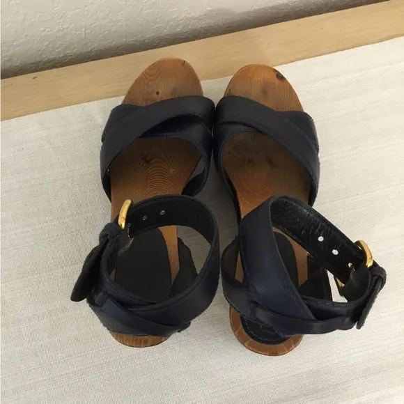 Miu Miu Leather Wood Platform Ankle Strap Navy blue Sandals Sz.37