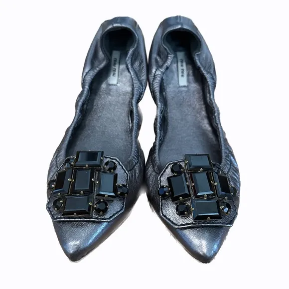 Miu Miu Platinum Embellished Ballerina Flats