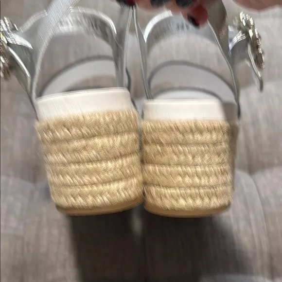Miu Miu White and Silver Sandals with Wedge Heel and Rhinestone Embellishment